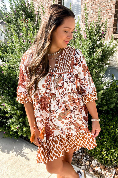 Brown Plus Floral Mixed Print Patchwork Tie Split Neck Half Sleeve Loose Mini Dress