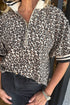 Brown Leopard Print Half Zip Striped Webbing Patchwork Short Sleeve Top