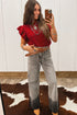 Tomato Red Cable Knit Turtleneck Ruffled Short Sleeve Sweater