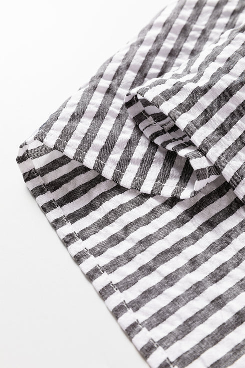 Dark Grey Striped Print Contrast Patchwork Detail Split Neck Blouse