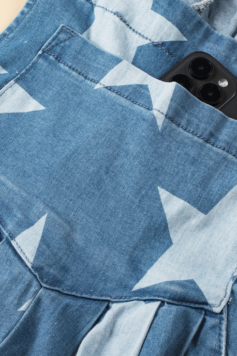 star-print-buttoned-strap-pleat-wide-leg-denim-overall