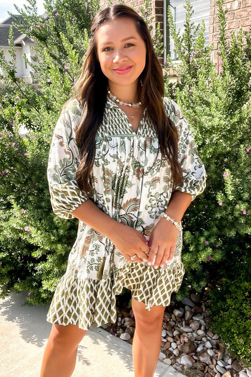 Green Plus Floral Mixed Print Patchwork Tie Split Neck Half Sleeve Loose Mini Dress