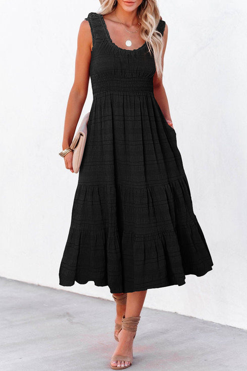 Black Shirred Pleated Square Neck Sleeveless Midi Dress