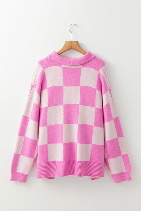 Pink Plus Size Checkered Collared Half Button Sweater