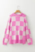 Pink Plus Size Checkered Collared Half Button Sweater