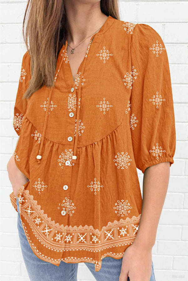 Yellow Floral Print Tie V Neck Button Down Puffy Half Sleeve Shirt