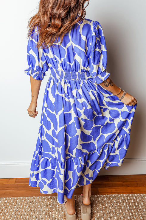 Sky Blue Abstract Print Smocked Waist Puff Half Sleeve Maxi Dress