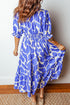 Sky Blue Abstract Print Smocked Waist Puff Half Sleeve Maxi Dress