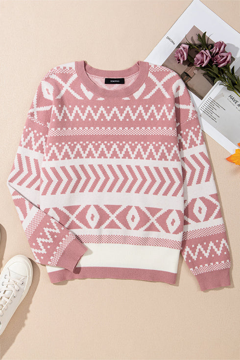 Fushia Abstract Print Pullover Sweater