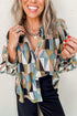 Green Geometric Print Buttoned Balloon Sleeve Loose Fit Shirt