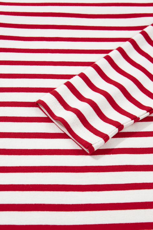 Red Stripe Round Neck Ruffle Trim Long Sleeve Top
