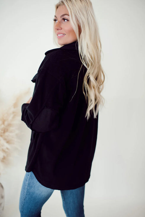 Black Solid Color Exposed Seam Patchwork Button Down Fleece Shacket