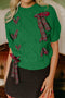Bright Green Plaid Lace up Detail Christmas Holiday Puff Short Sleeve Sweater