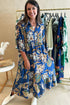 Blue Floral Paisley Print Shirt Collar 3/4 Sleeve Midi Dress