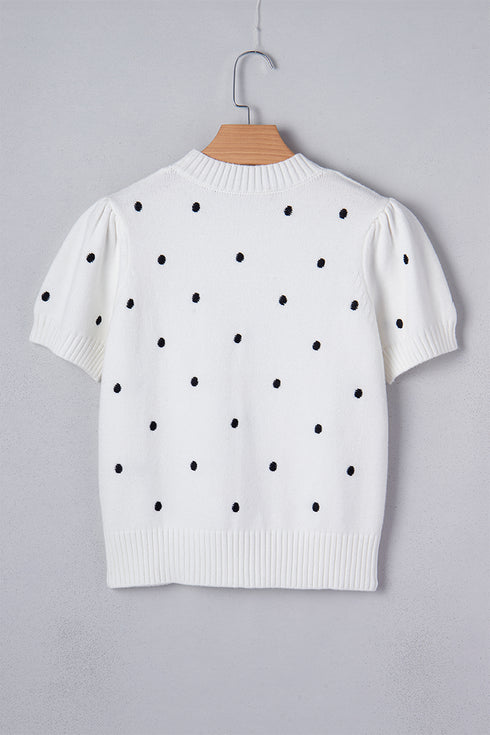 White Elegant Polka Dot Bubble Short Sleeve Sweater