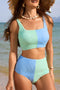 Sky Blue Corded Colorblock Square Neck Bikini Swimsuit