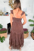 Coffee Polka Dot Print Backless Ruffled Tiered Maxi Dress