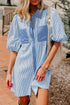 Sky Blue Stripe Color Block Patchwork Shirt Collar Button Down Puff Sleeve Mini Dress