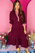 Burgundy Contrast Frilled Trim V Neck 3/4 Ruffled Sleeve Flowy Midi Dress