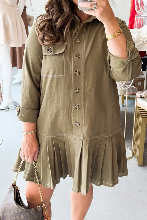 Jungle Green Plus Size Shirt Collar Buttoned Pleated Hem Mini Dress