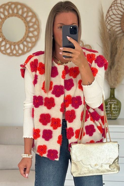 Racing Red Plush Flower Embellishment Open Front Vest
