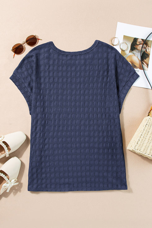 Sail Blue Solid Color Textured Batwing Sleeve Tee