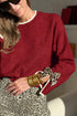 Racing Red Leopard Bow Decor Split Cuff Contrast Trim Sweater
