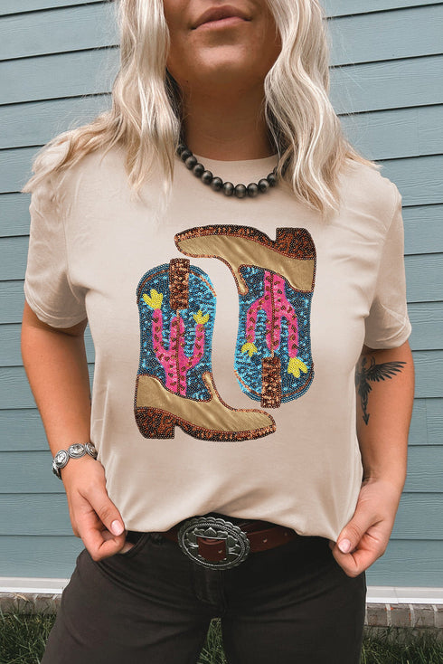 khaki-sequined-western-boots-crew-neck-graphic-tee