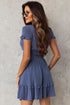 Blue Deep V Neck Self-tie Knotted Front Layered Flare Mini Dress