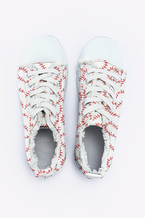 White Baseball Seam Printed Frayed Canvas Shoes