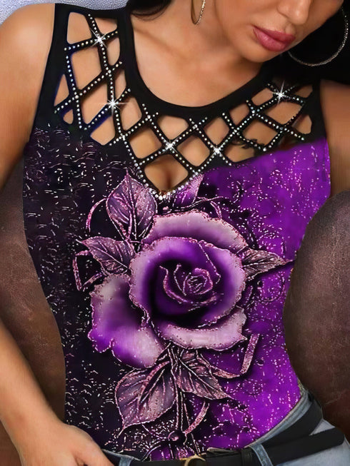 rose-print-rhinestone-hollow-tank-top