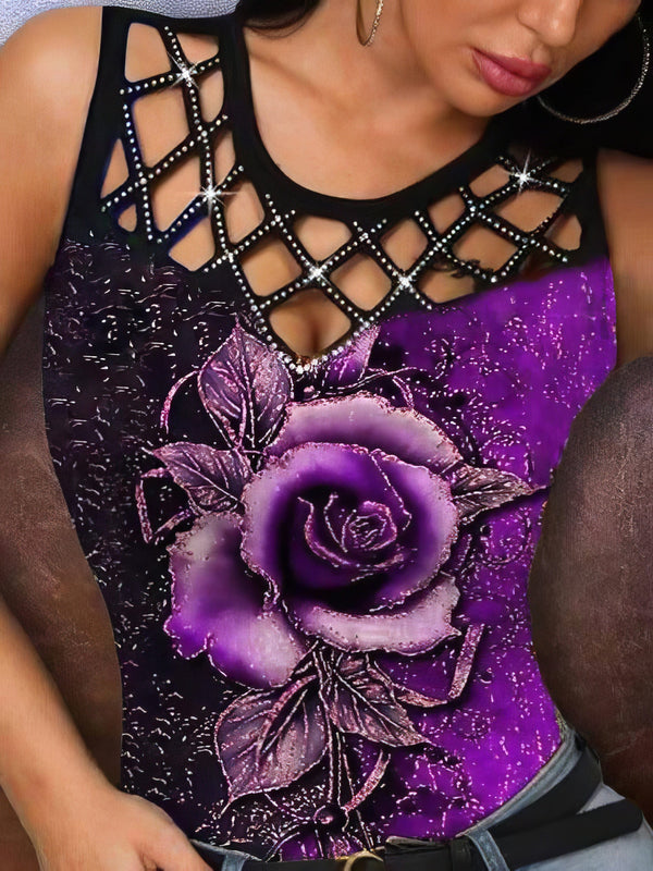 rose-print-rhinestone-hollow-tank-top