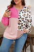 Rose Red Plus Size Twisted Ribbed Color Block Leopard Patchwork Long Sleeve Top