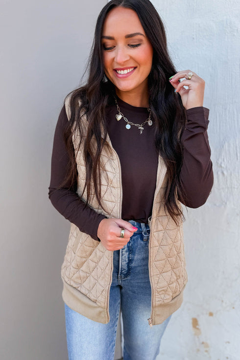 Parchment Quilted Texture Zip Up Hooded Vest