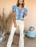 beau-blue-sequin-baseball-graphic-button-up-ruffled-sleeve-frayed-denim-top