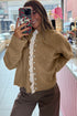 Simply Taupe Contrast Frilled Lace Trim Loose Cardigan Sweater