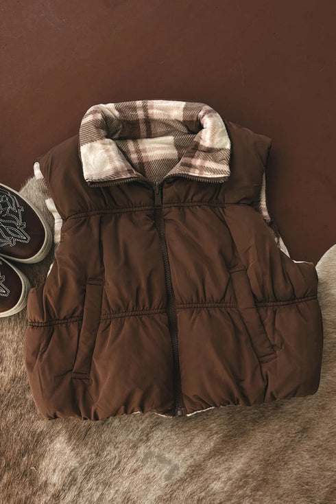 Coffee Inner Plaid Contrasted Zip Up Puffer Vest