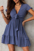 Blue Deep V Neck Self-tie Knotted Front Layered Flare Mini Dress