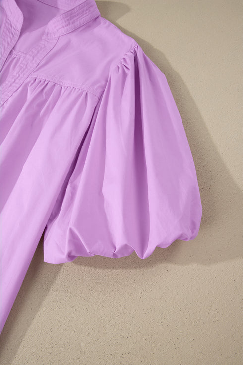 Phalaenopsis Stitched Detail V Neck Puffy Half Sleeve Blouse