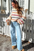 Beige Stripe Playful Knit Drop Shoulder Puff Sleeve Sweater