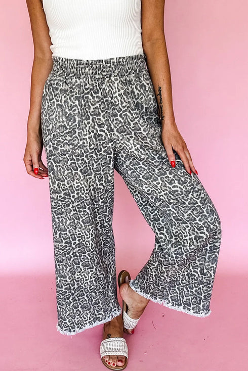 Brown Leopard Print Raw Hem Elastic Waist Loose Pull On Jeans