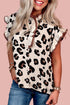 Khaki Leopard Printed Ruffle Sleeve Summer Blouse