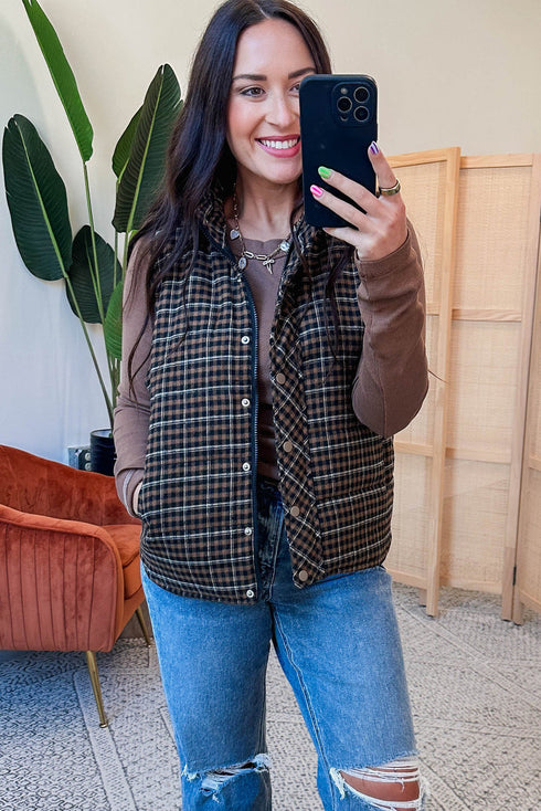 Green Retro Plaid Snap Button Zip Up Winter Vest