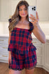 Red Plaid Print Lace Trim Flounce Hem Tank Loose Shorts 2pcs Pajama Set