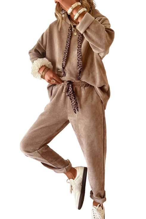 Dark Khaki Lace/Leopard Drawstring Pullover Hoodie and High Waist Pants Corduroy Suit