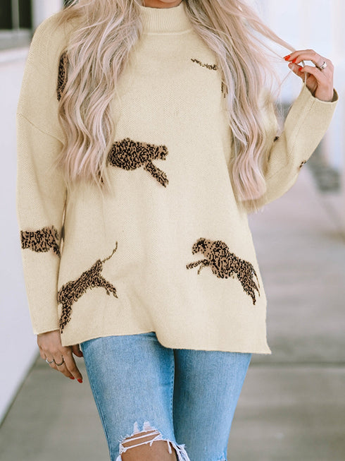 parchment-lively-cheetah-print-high-neck-split-hem-sweater