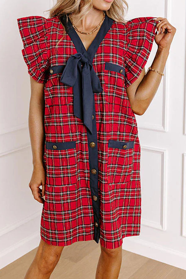 Red Festive Plaid Ruffled Short Sleeve Contrast Ribbon Bow V Neck Button Down Mini Dress