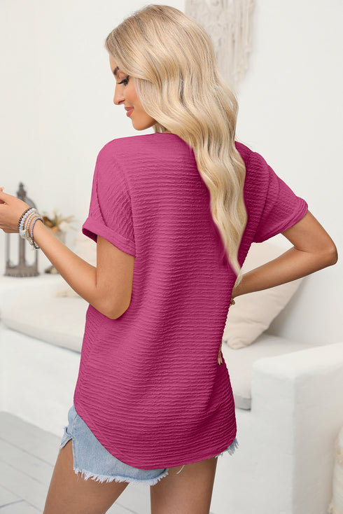 Bright Pink Textured Wide Sleeve V Neck T Shirt
