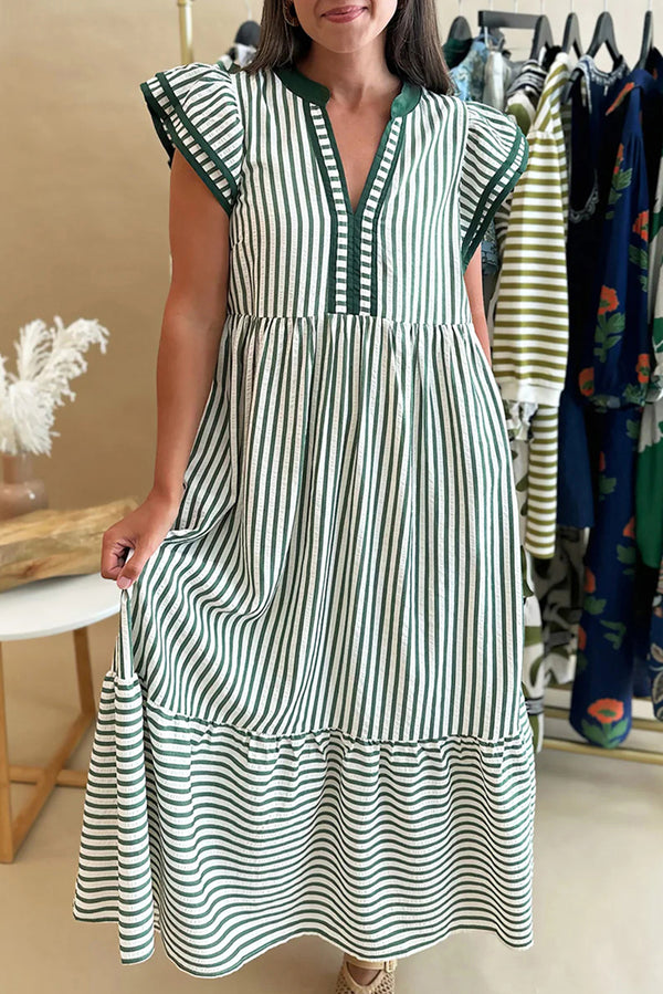 Green Stripe Double Ruffled Short Sleeve Contrast Trim V Neck Midi Dress