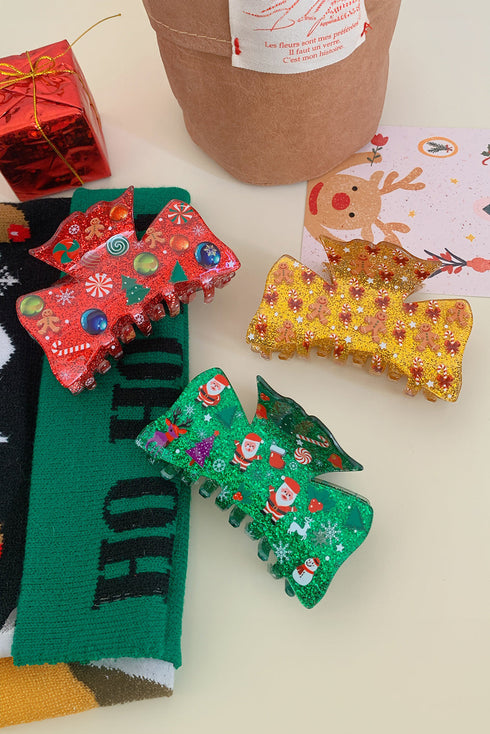 Dark Green Christmas Theme Printed Glister Hair Claw Clip